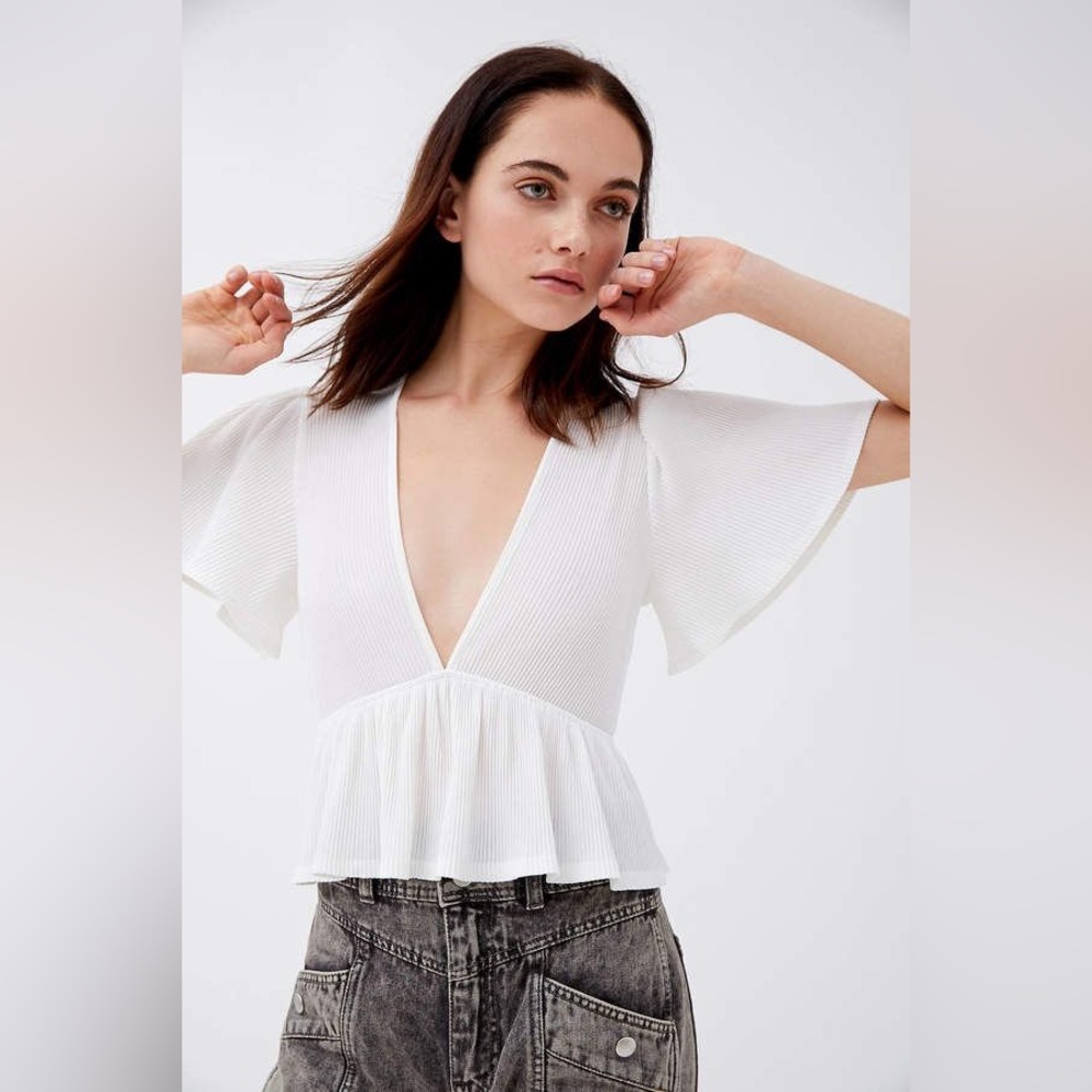 UO Rori Ribbed Plunging Babydoll Top